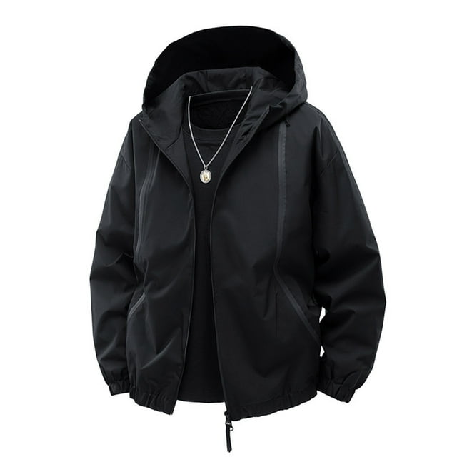 Lovzfmll Men's Hooded Rain Jacket Waterproof Windproof Solid Color Black, M