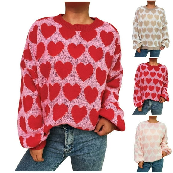 Karight Women Oversized Valentines Day Sweater Cute Heart Print Crew Neck Pullover Sweaters Y2k Knit Puff Sleeve Chunky Jumpers