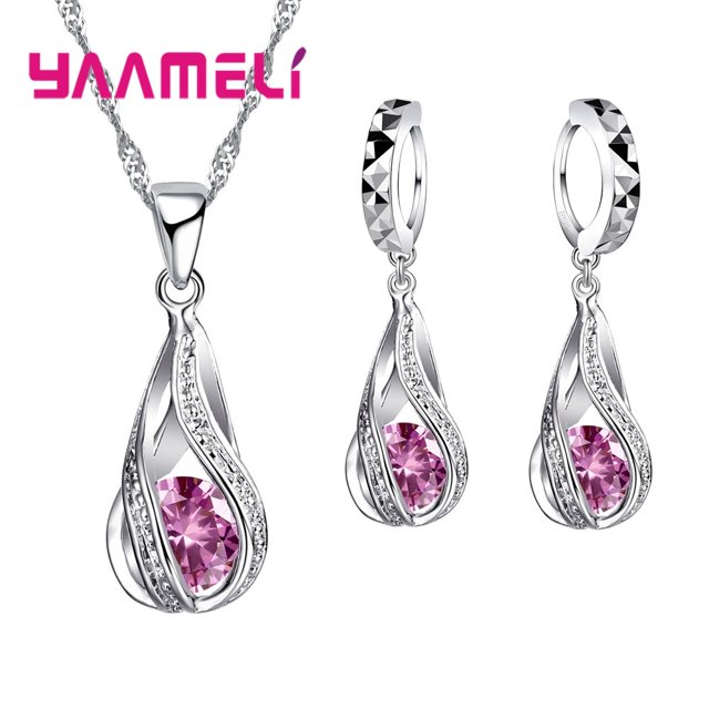 Gota de agua caliente CZ 925 conjunto de joyería chapada en plata esterlina para mujer colgante collar pendientes de aro fiesta de boda Ceremoey Anel