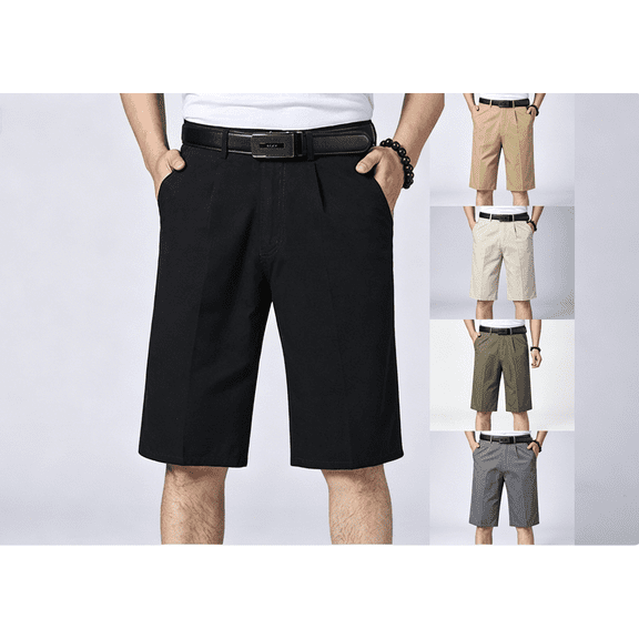 Mens Suit Shorts Casual Pleated Front 9 Inch Cotton Golf Shorts Knee Length Classic Work Dress Shorts for Men Big and Tall Size S-4XL Khaki
