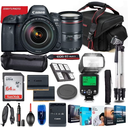 Canon EOS 6D Mark II DSLR Camera with 24-105mm USM Lens Bundle + Battery Grip + Premium Accessory Bundle Including 64GB Memory, Extra Battery, Filters, Photo/Video Software Package, Bag & More