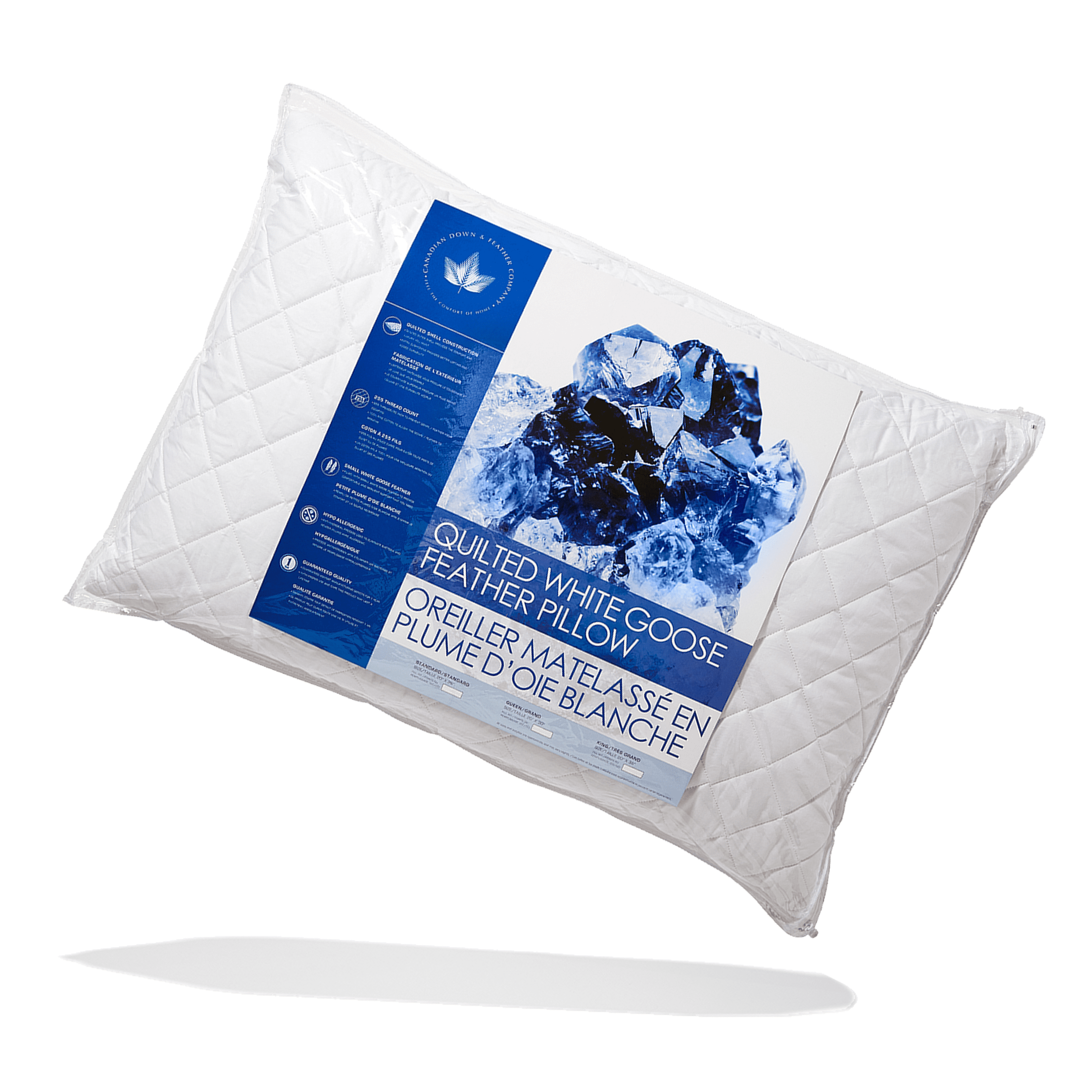 Quilted White Goose Feather Pillow Firm Support Queen Size Two Pack