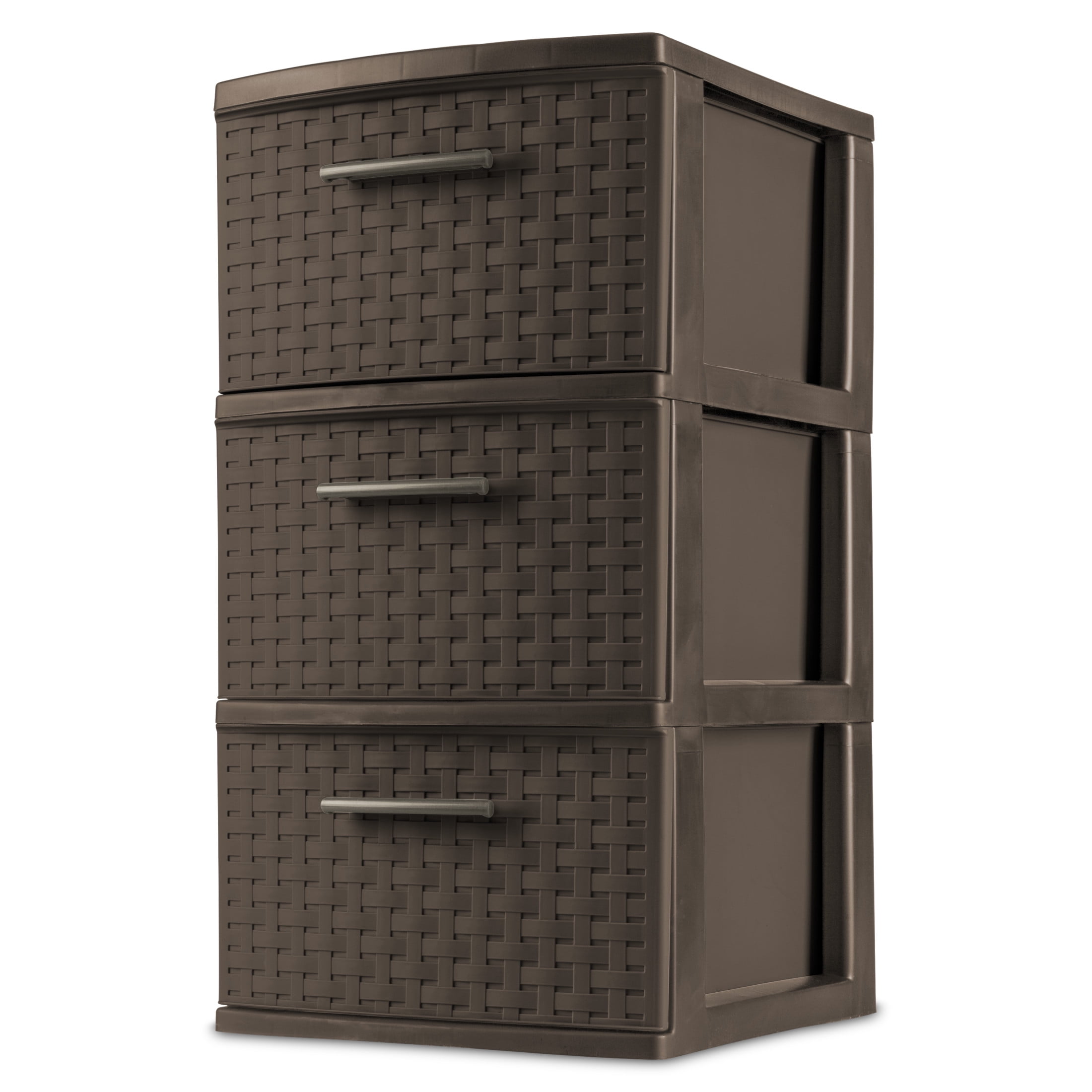 (4 pack) Sterilite 3 Drawer Weave Tower, Plastic Décor Drawers with Pull Handles, Brown