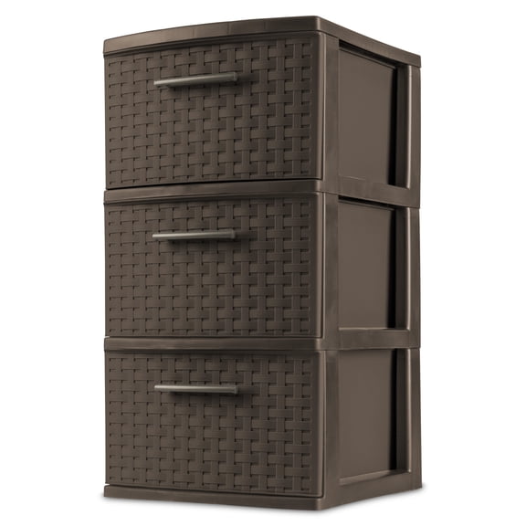 Sterilite 3 Drawer Weave Tower, Plastic Décor Drawers with Pull Handles, Brown