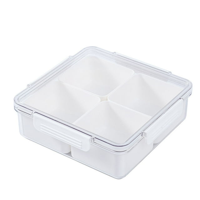 Contenedor transparente multifuncional con 4 compartimentos para aperitivos, con cierre hermético y divisiones para oficina, cuadrado.