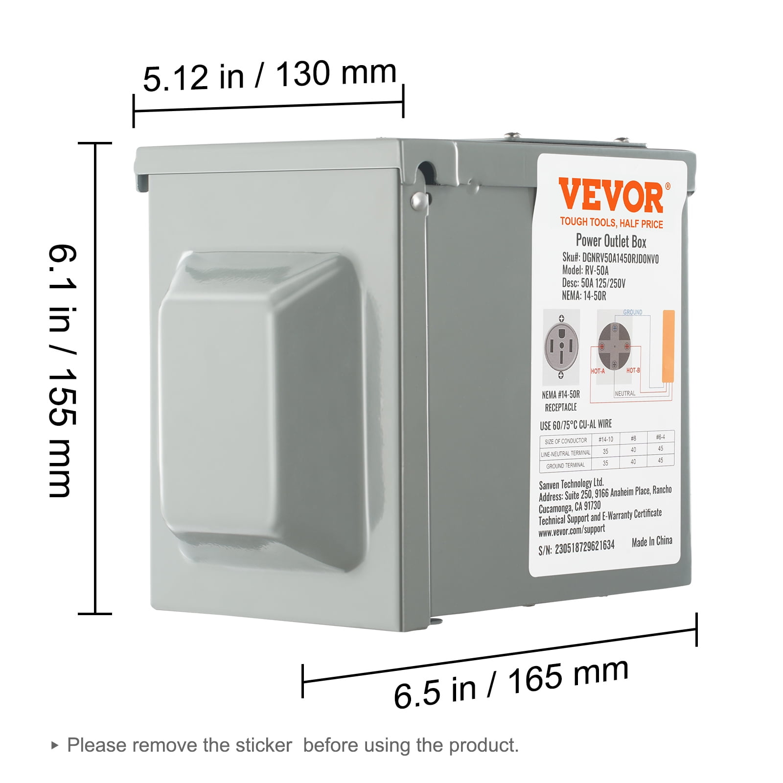 VEVOR 50 Amp RV Power Outlet Box, 125/250 Volt, Enclosed Lockable Outdoor RV Receptacle Box, NEMA 14-50R Weatherproof Electrical Panel, for RV Camper Trailer Motorhome