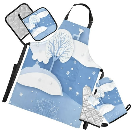 

5-Piece Kitchen Apron Set with Heat-Resistant Gloves & Insulation Mats for Cooking Baking BBQ Cartoon Blue Snow Scene