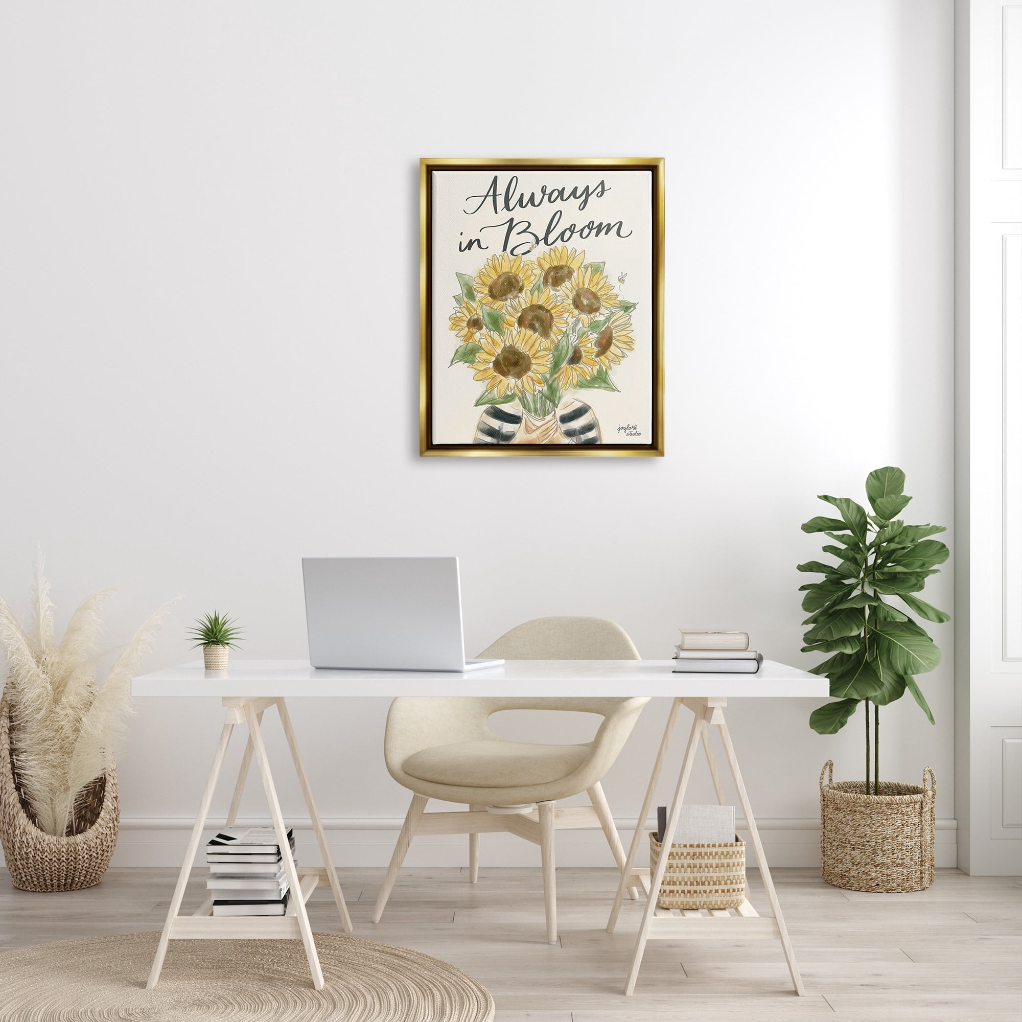 Stupell Industries Always In Bloom Person Holding Sunflowers Calligraphy Graphic Art Metallic Gold Floating Framed Canvas Print Wall Art, Design by Jess Baskin