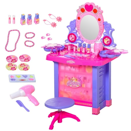 Qaba Kids Vanity Table Stool Pretend Playset Dressing Set With Mirror Light Sound Working Hair Dryer Makeup Accessories For Toddlers Girls Age 3 Years Old Canada Qaba Kids Vanity Table Stool Pretend, Vanity Table Accessories For Little Girl