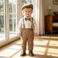 thumbnail image 5 of FINALGANG Boys Toddler Formal Four Piece Outfit With Collared Striped Long Sleeve Shirt Suspenders Pants Matching Newsboy Cap For Wedding Special Occasion Wear Cozy Set, 5 of 7