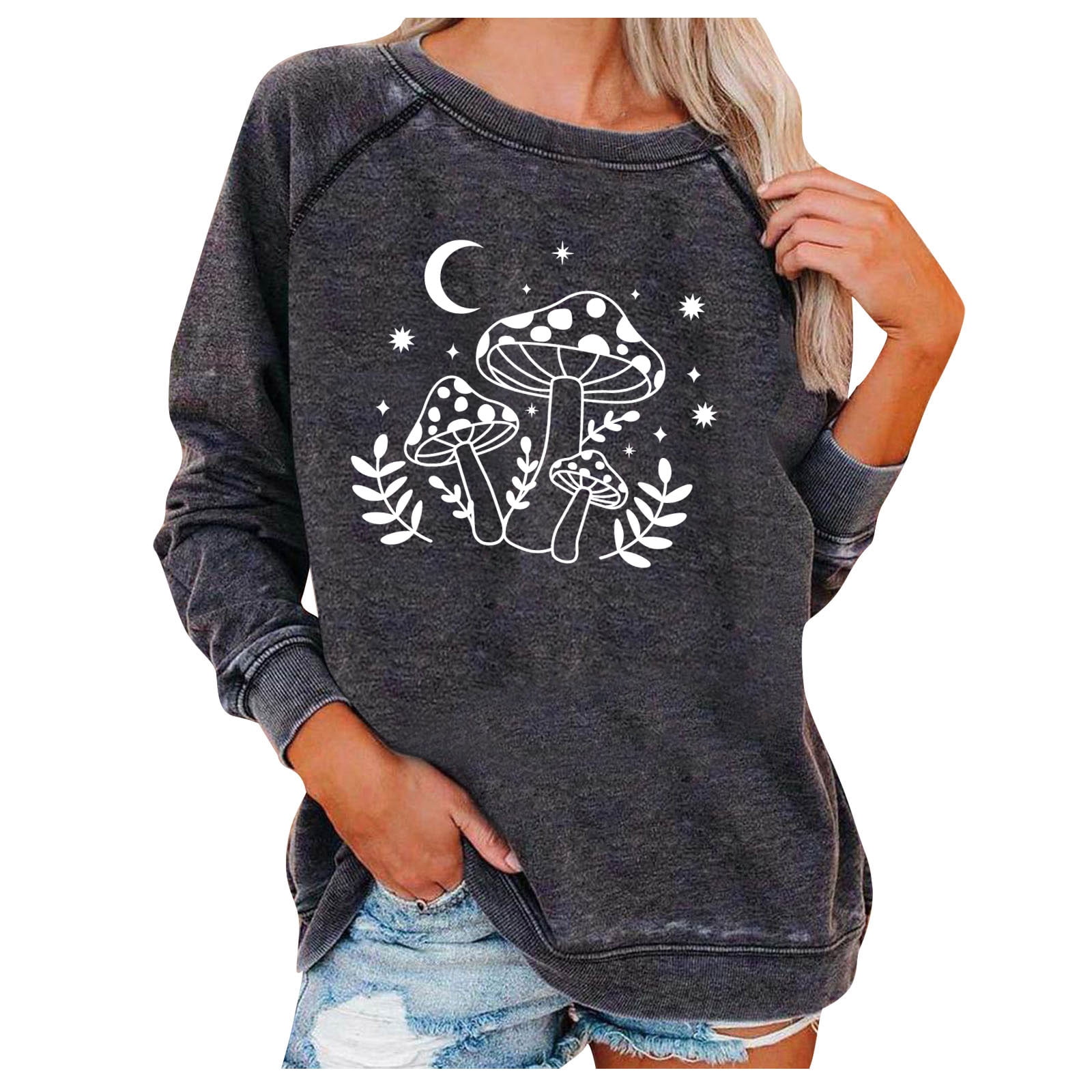 Sun and Moon Graphic Sweatshirt for Womens Vintage Crewneck Blouse Long Sleeve Pullover Oversized Tops 