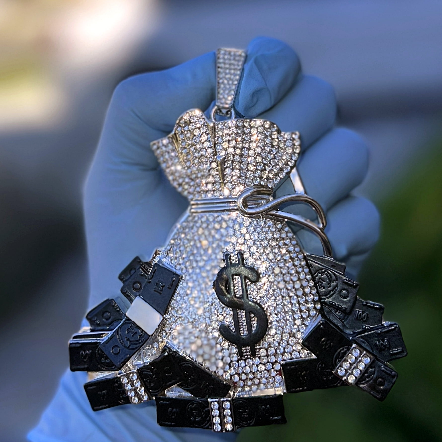 Men's Huge Money Bag Jumbo Hip Hop Pendant Iced Flooded Out Bling Black Bills Silver Tone Charm Medallion