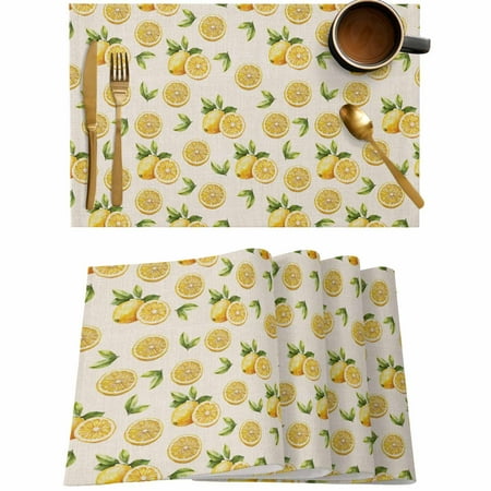

Summer Lemon Watercolor Leaves Placemats Set of 4 Wipeable Washable Table Mats for Dining Tables Farm Harvest Retro Linen Place Mats for Kitchen Event Party Tabletop Decor