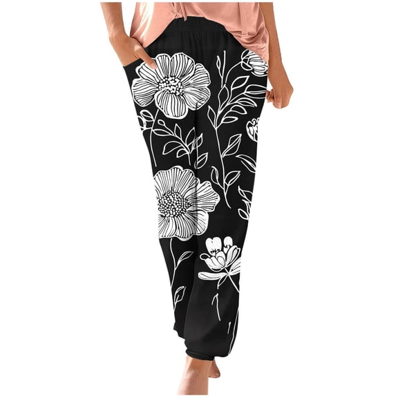 AHTJRT Floral Pants for Women Elastic Waist Staight Leg Joggers with Pockets Lightweigth Breathable Spring Summer Loungewear Trousers Black#01 M