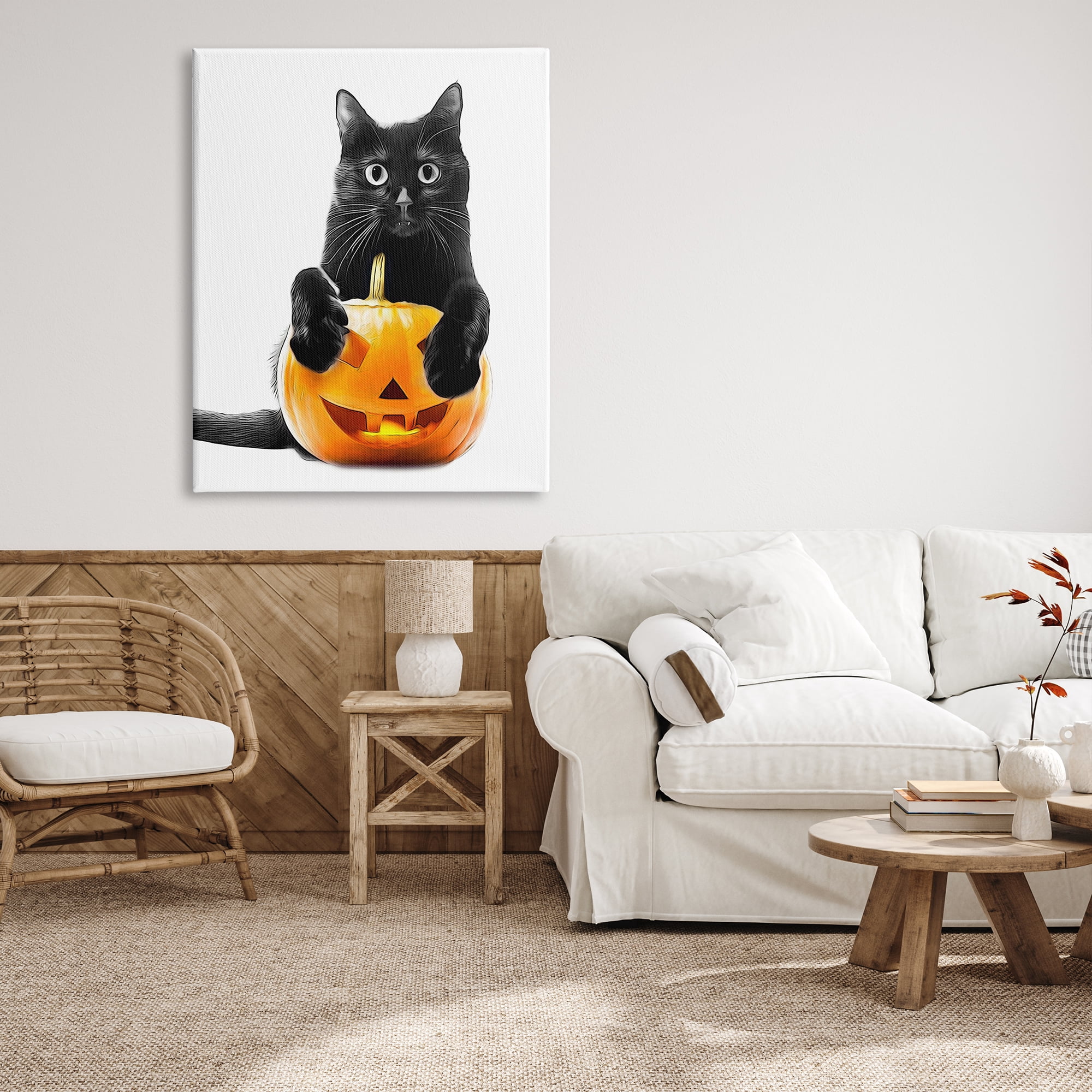 Stupell Industries Black Cat & Jack-o-Lantern Holiday Painting Gallery Wrapped Canvas Art Print Wall Art, 36 x 48