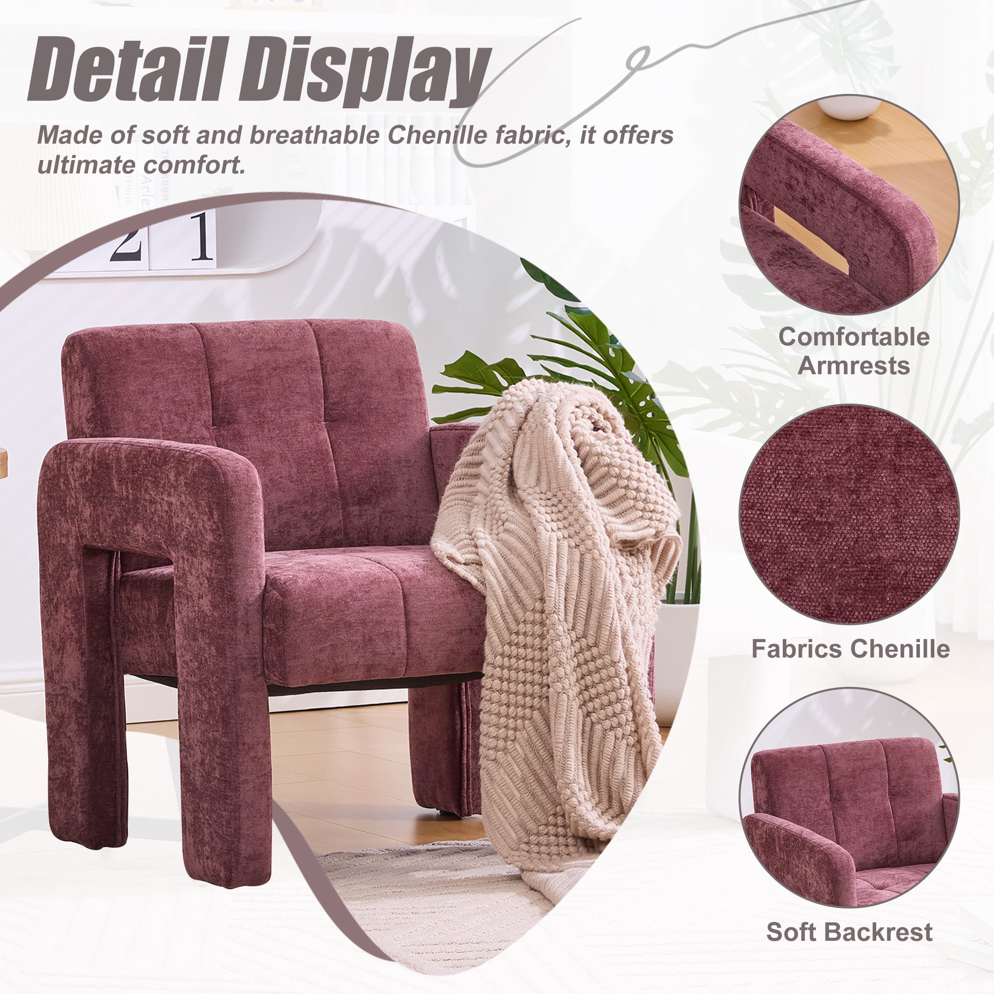 MOONMISS Chenille Upholstered Tufted Comfortable Wood Frame Single Armchair-Wine Red