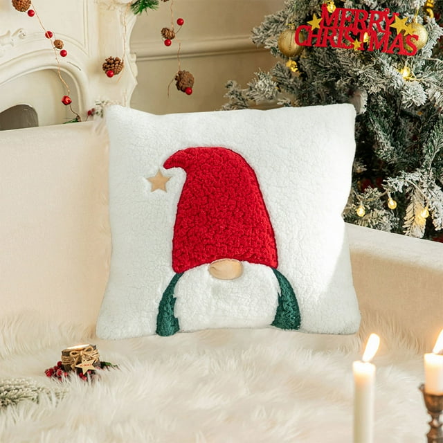 Funda de Almohada Navideña Bordada de Terciopelo Shu, Cojín Decorativo Navideño Bordado de Papá Noel