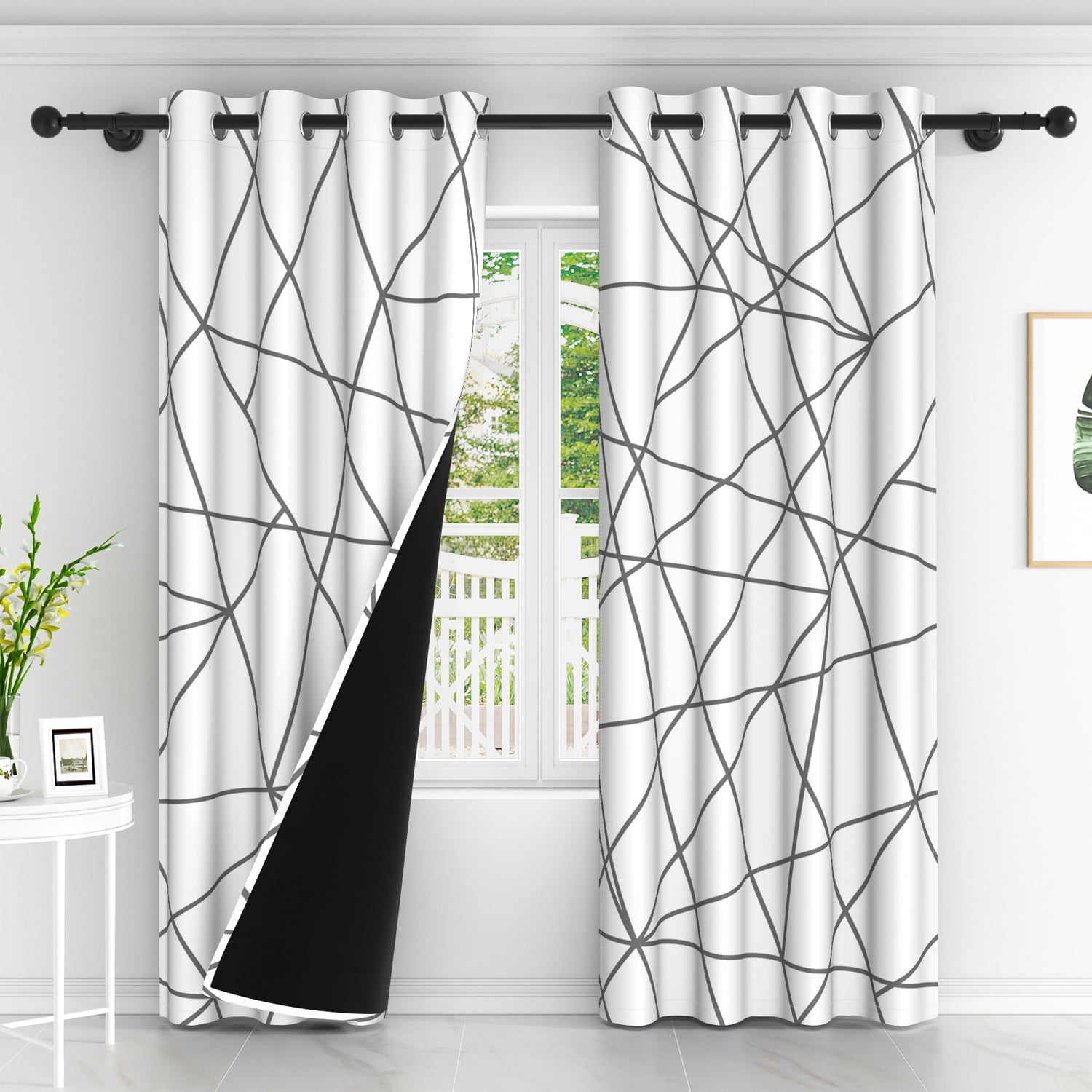Lfeey White Blackout Curtains, Geometric Silver Line Top Grommet Curtains, White, 42x72 inches, 2 panels