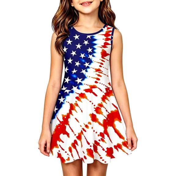 Bainana 4Th Of July Dress For Girls Sleeveless Red White And Blue Sundress USA Celebrate Birthday Patriotic Dress For Toddler And Teens 3-4 Years Blue