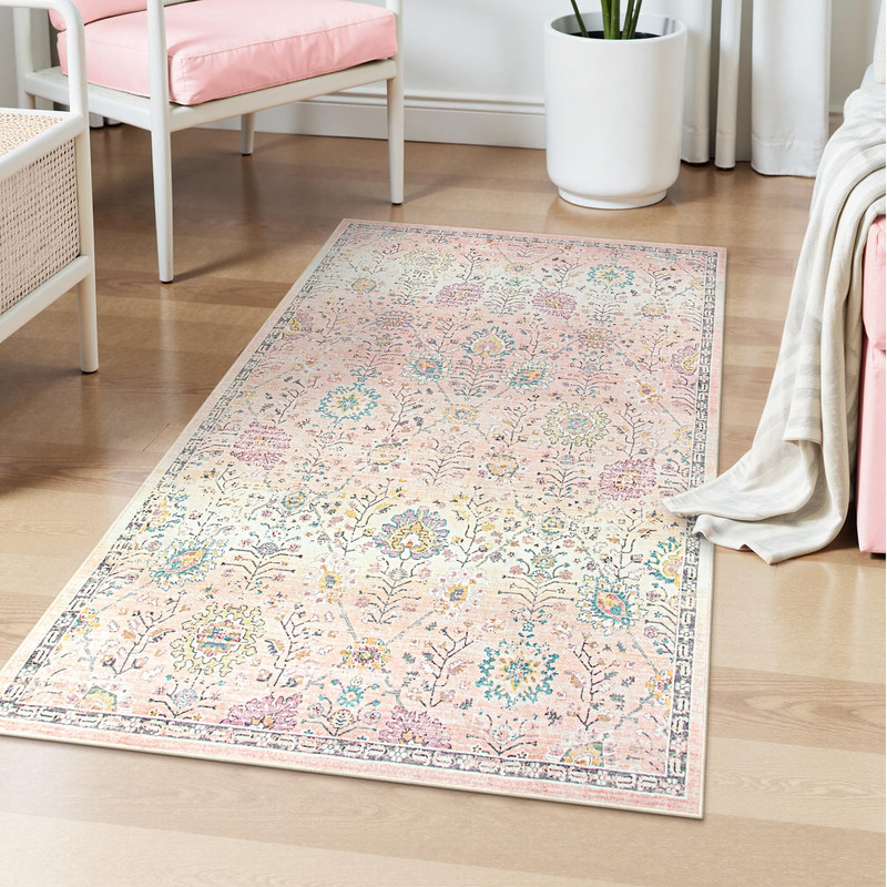 Wonnitar 3'x5' Light Pink Boho Rug, Machine Washable Area Rugs 3x5ft Dorm Rugs for College Students Girls, Soft Floral Small Nursery Pastel Rug Pink Carpet for Bedroom Kids Room
