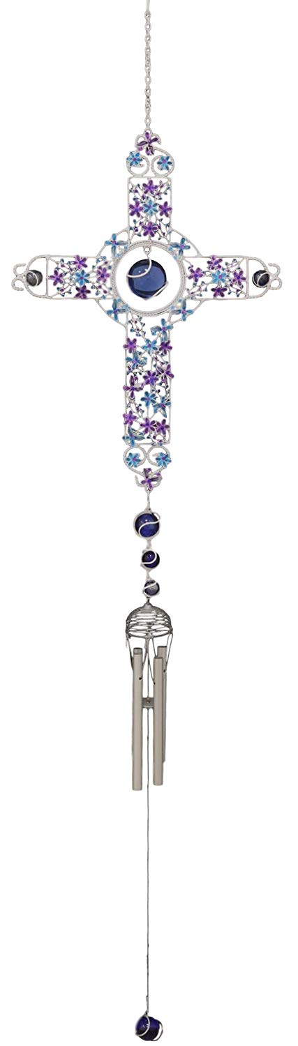 Ebros Amazing Grace Floral Cross with Gemstones Resonant Relaxing Wind Chime 40" Long Aluminum Rods Wind Chime Home Patio Garden Decor Religious Catholic Christian Inspirational Windchimes