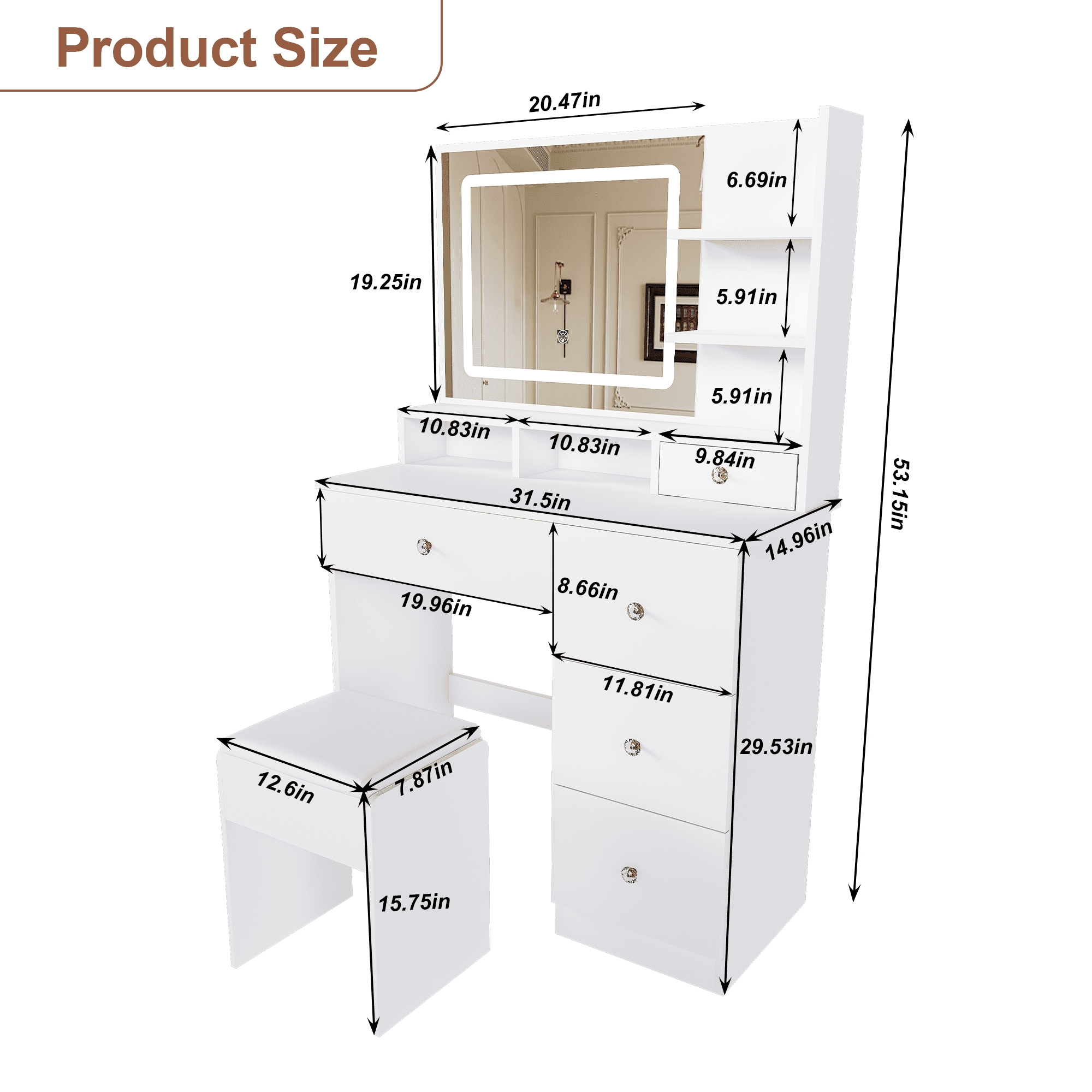 Mintazer Dressing Table with LED Lighted Mirror & 5 Drawers, Makeup Vanity Desk with Open Storage Shelf & Cushioned Stool for Bedroom Apartments, White