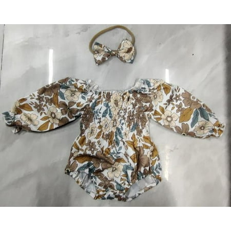 

Woshilaocai Baby Girl Outfit Long Sleeve Off-shoulder Floral Romper Bow Hairband