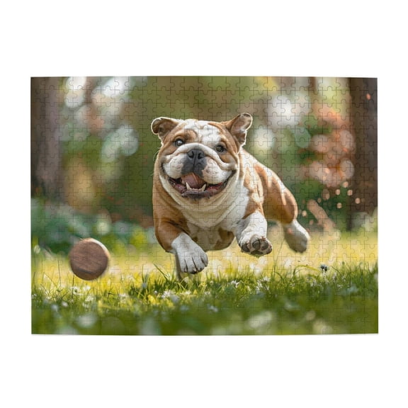 500-Piece Wooden Jigsaw Puzzle for Adults - Running Bulldog Playful Lawn , Fun & Relaxing Interlocking No-Dust Puzzle for Family, Home Decor & Holiday Gifts