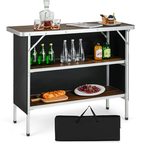 Costway Mesa de Camping Plegable, Mesa de Picnic Portátil de Aluminio con Estantes Abiertos de 2 Niveles y Tablero Amplio, Tela Oxford y Bolsa de Transporte, Mesa Plegable Ligera para Picnic, Barbacoa