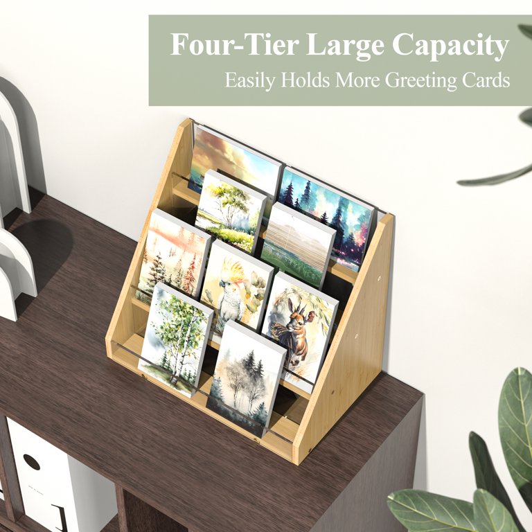CAWUWE 4-Tier Bamboo Greeting Card Display Stand – Acrylic Panel Holder For Cards, Postcards, Photos, Brochures (Desktop Organizer)