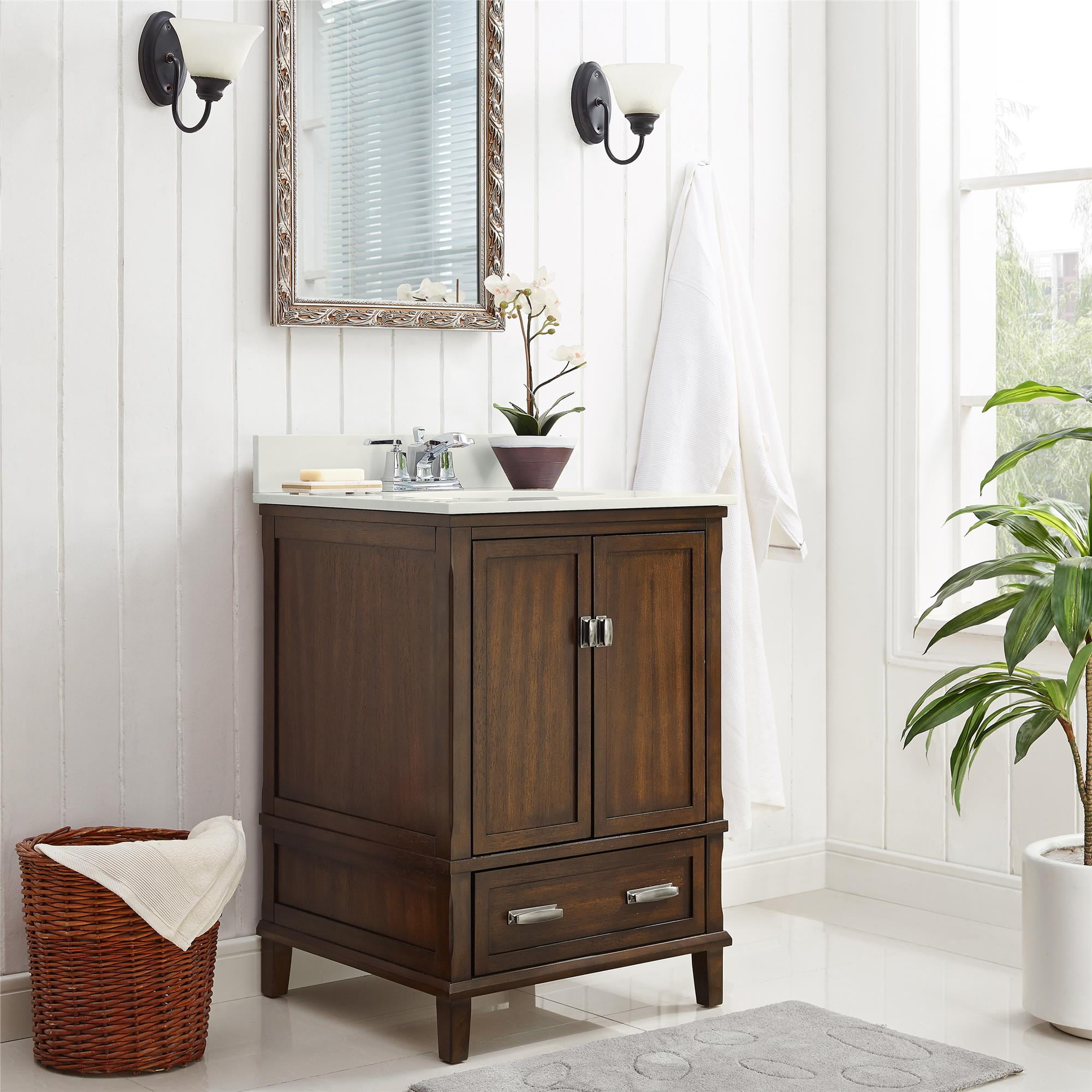 Dorel Living Otum 24 Inch Bathroom Vanity with Sink, Dark Walnut Wood ...