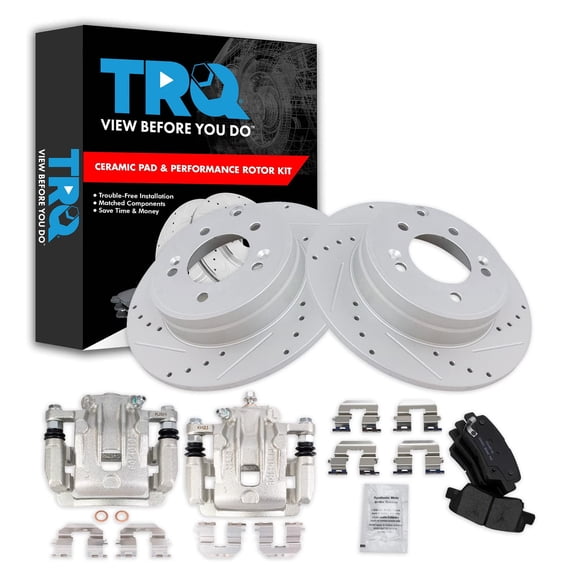 TRQ Rear Performance Brake Pad & Rotor Kit Brake Caliper Brake Pads Brake Rotors Set Ceramic Solid Premium G-Coated Fits Select 2012-2017 Hyundai Azera 2011-2015 Kia Optima