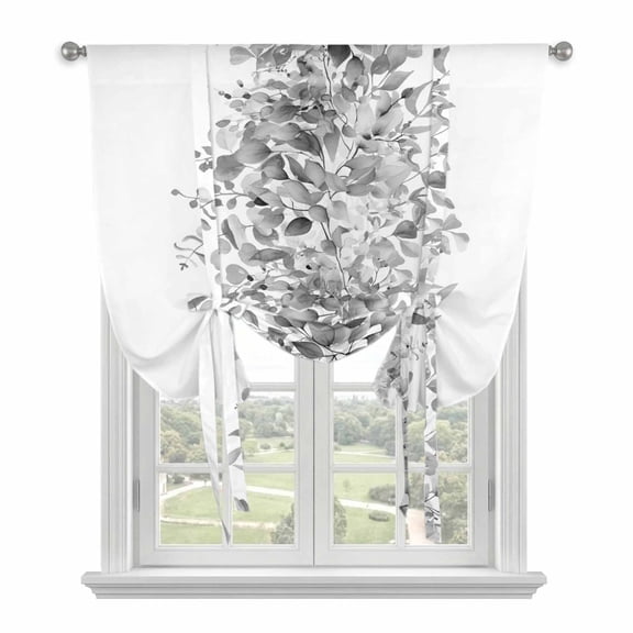 Black Grey Eucalyptus Leaves Tie Up Curtains for Kitchen Windows,Adjustable Rod Pocket Valance 63 Inch Long, Spring Summer Botanical Floral Window Treatment Balloon Roman Blind Shade, 52" x 63"