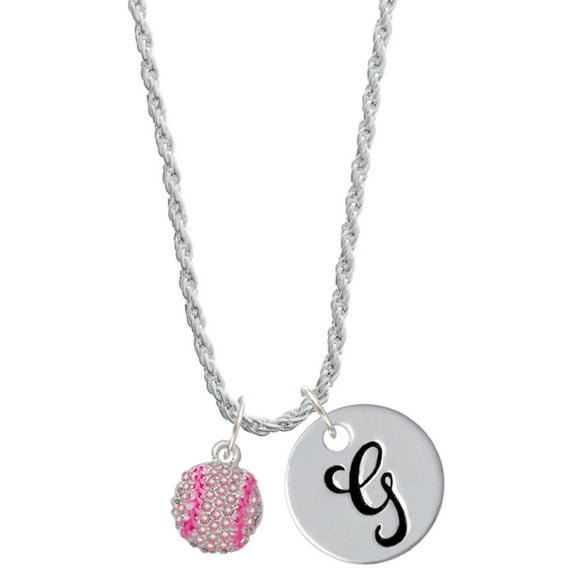 Delight Jewelry Silvertone Small Sparkle Pink AB Softball Silvertone Script Initial Disc - G - Charm Necklace, 20"+3"