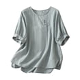 thumbnail image 2 of mfyjkho Tops Casuales Para Mujer, Blusa De Moda Para Mujer Con Cuello Redondo, Manga Corta Y Botones Bordados De Lino Sintético Tops Para Hacer Ejercicio M, 2 of 7