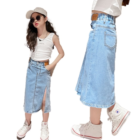 LYMAYTER ‌‌Teens Girls Young Women Denim Skirt Summer Mid-Length Stretch Waist High-Slit‌ 5-16Y