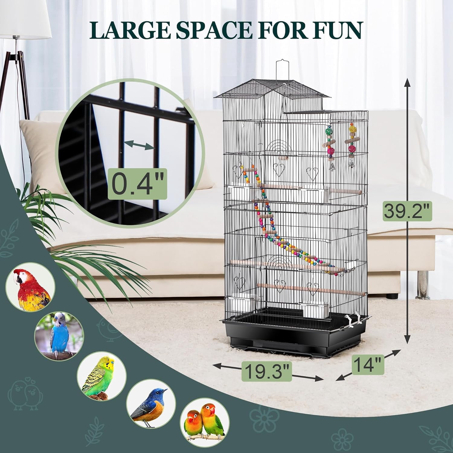 HJTER 39-inch Roof Top Large Flight Parrot Bird Cage for Small Quaker Cockatiel Canary Sun Parakeet Green Cheek Finch Budgie Lovebirds Wrought Iron Pet Bird Cage w/Toys