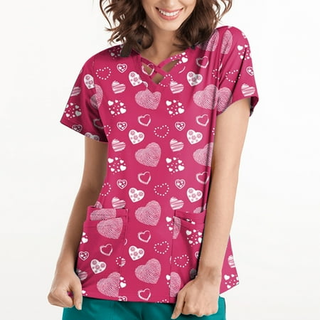

Winter Savings 2022! Women s Plus Size Valentine s Day Scrubs Tops Butterfly Print Working Uniform V-Neck Short Sleeve Nurse Workwear Blouse Shirts with Pockets
