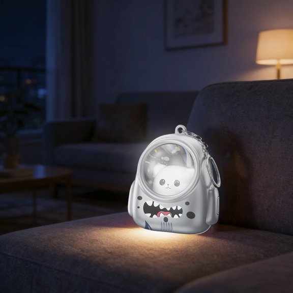 Cute Cat Keychain Light with Backpack Design Glowing Dome Pendant Portable LED Flashlight Keyring for Bag Purse Accessory Night Travel Essential