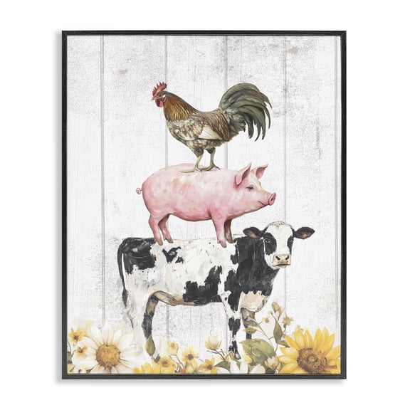 Stupell Industries Cottage Farm Animal Stack and Sunflowers Black Framed Giclee Art, 11 x 14, by Christine Simpson Art