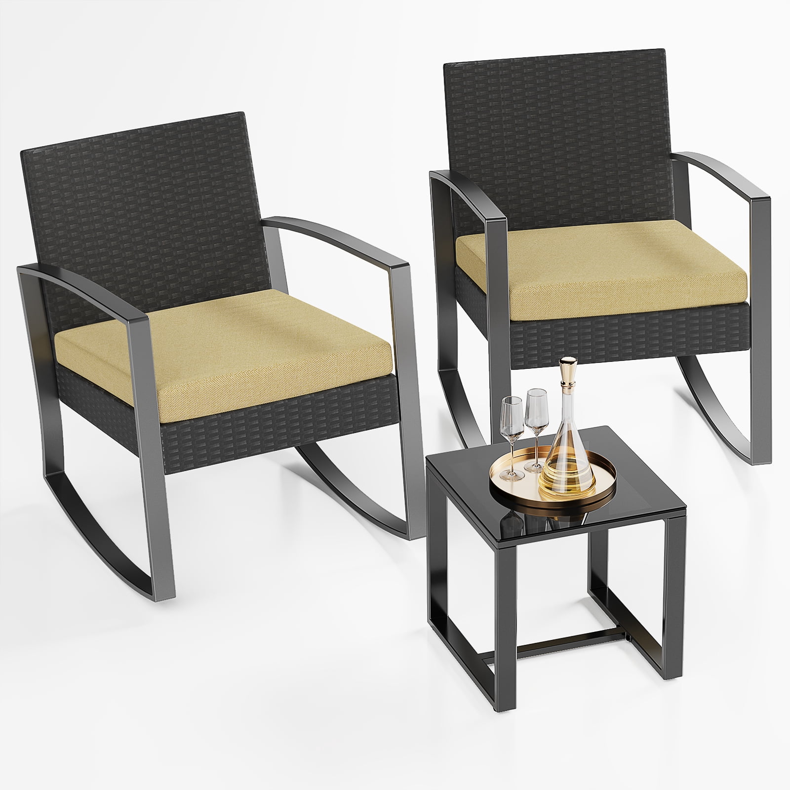 Lofka 3-Piece Outdoor Rocking Chairs, Patio Furniture Set with Thickened Cushions and Coffee Table for Garden, Balcony,  Camping, Beige