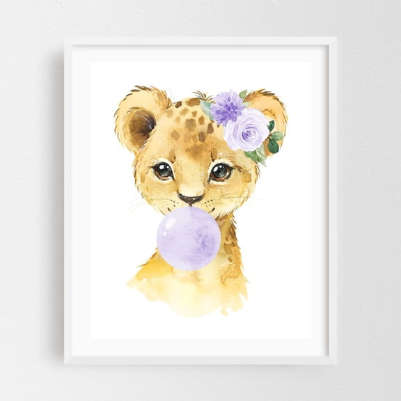 Lion, Jungle Animals, Safari Animals, Bubble Gum, Purple Flowers, Gender Neutral Nursery - Illustration Animal Watercolor Whimsical Floral Wildlife White Framed Wall Art Print 12 x 16 inches