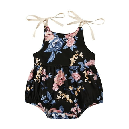 

Canrulo Baby Girls Flower Print Round Neck Bow Lace-Up Suspender Romper Black 0-3 Months