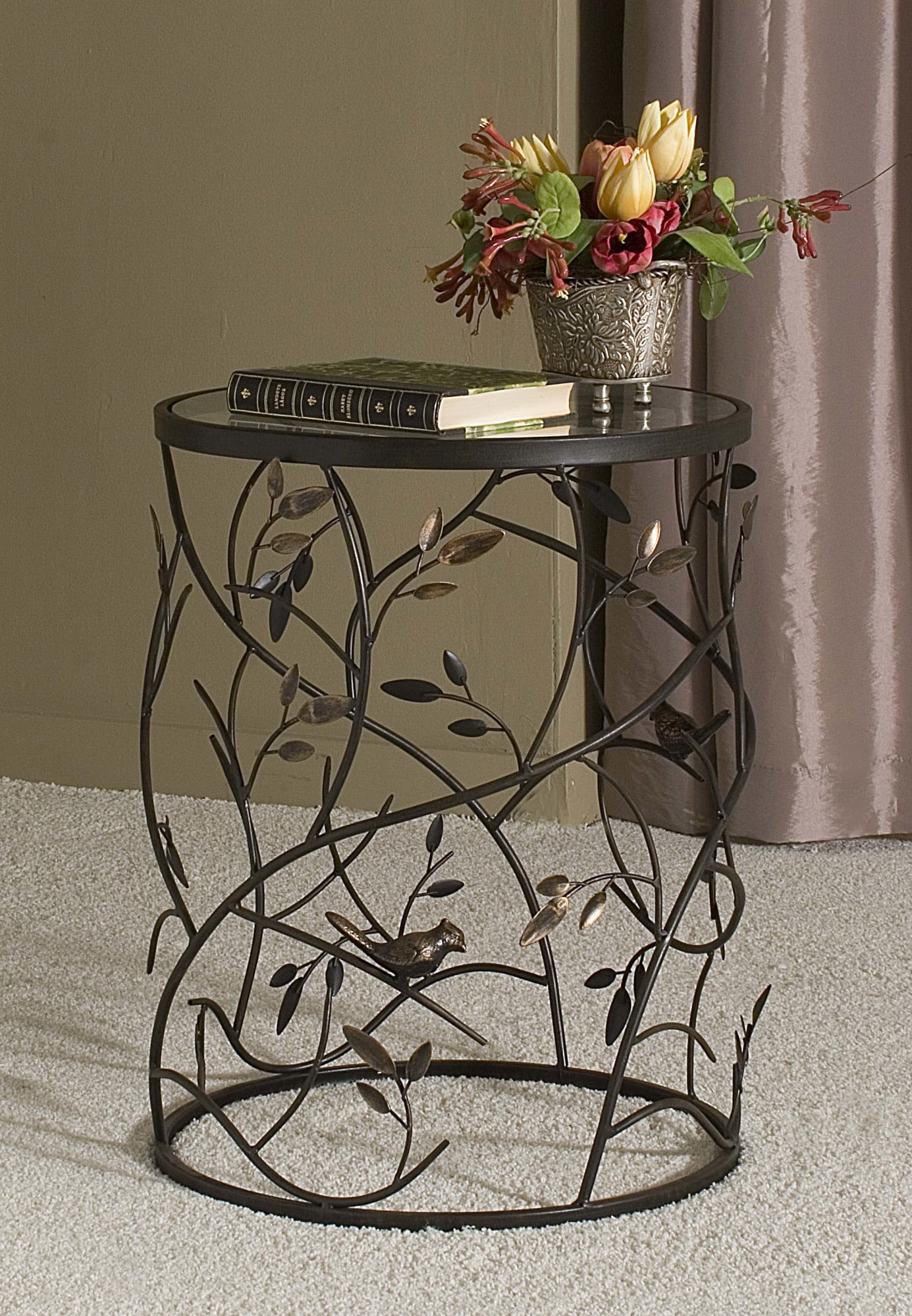 FirsTime & Co. Bronze Bird And Branches End Table, Modern, Antiqued, Round, Metal, 16.5 x 16.5 x 22 in