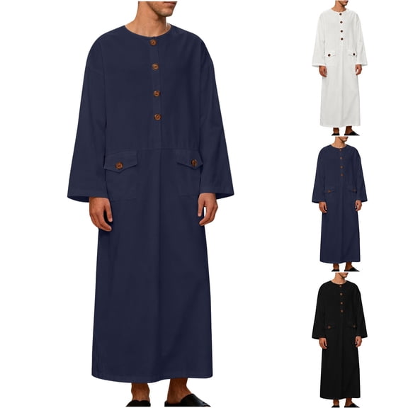 Miluxas Mens Thobe Cotton Robe for Men Button Down Thobe for Men Long Sleeve Robe Casual Muslim Gown White XL(XL)