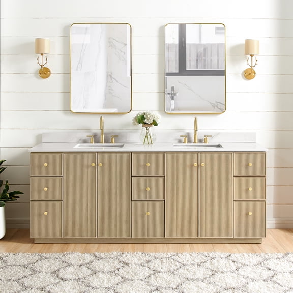 Oza 84" Double Bath Vanity in Aged Natural Oak with Fish Maw White Quartz Stone