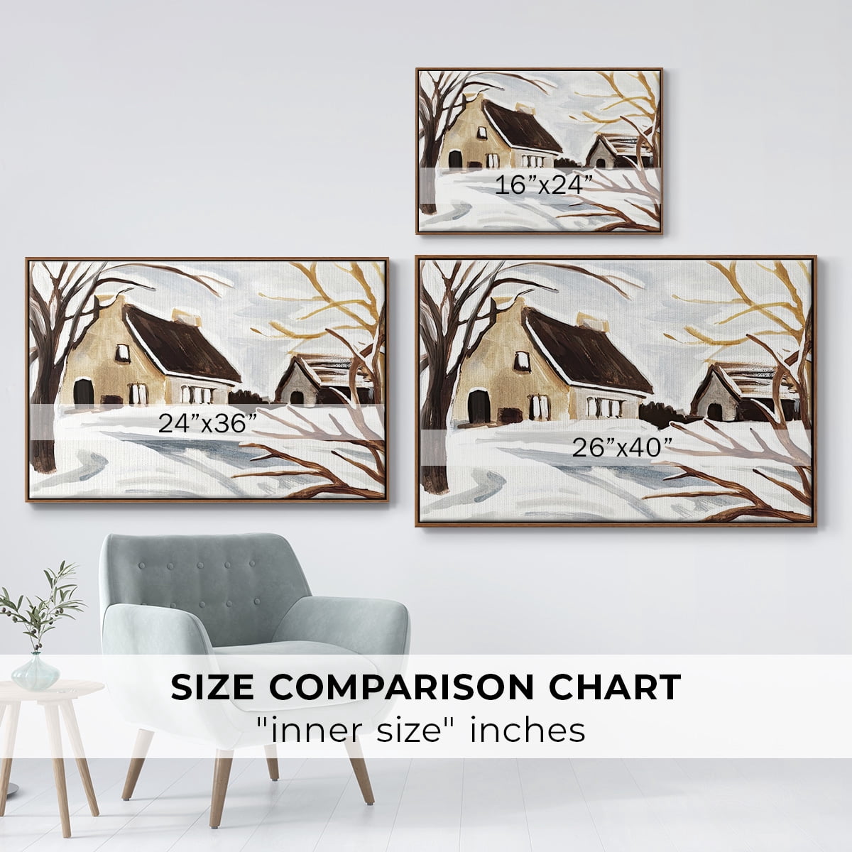 Winter Cottage II - Framed Gallery Wrapped Holiday Canvas - 25 x 37 - Rosewood Frame