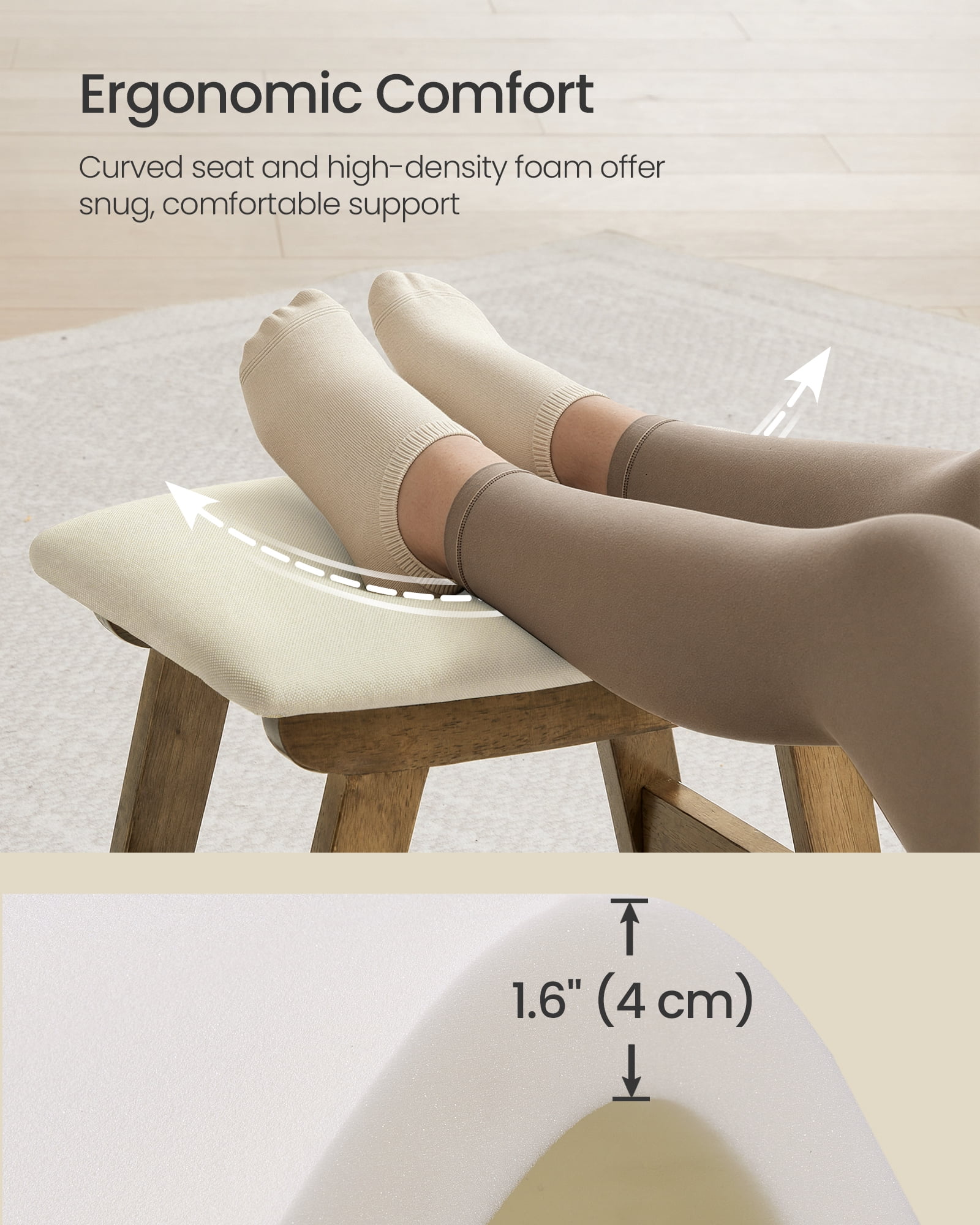 SONGMICS Foot Stool Ottoman, Padded Foot Rest Under Desk with Solid Wood Frame, Removable Cover, Summer Sand and Brown
