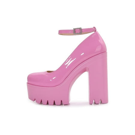 

Gomelly Women Comfort High Heels Anti-Slip Round Toe Mary Jane Work Walking Fashion Platform Pumps Pink Glossy 4.5