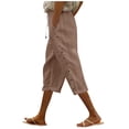 thumbnail image 1 of Women Work Pants Casual Elastic Waist Solid Color Loose Side Button Decoration Versatile Capris Coffee L, 1 of 5
